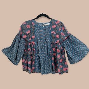 Rachel Zoe Blue Pink Floral Cotton Boho Peasant Hippie Shirt Tunic Blouse Flowy